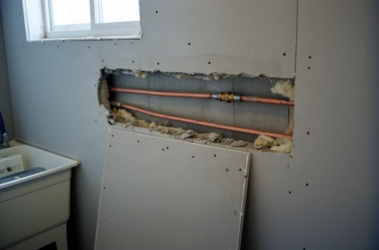 Copper supply lines exposed behind a cut-out section of drywall