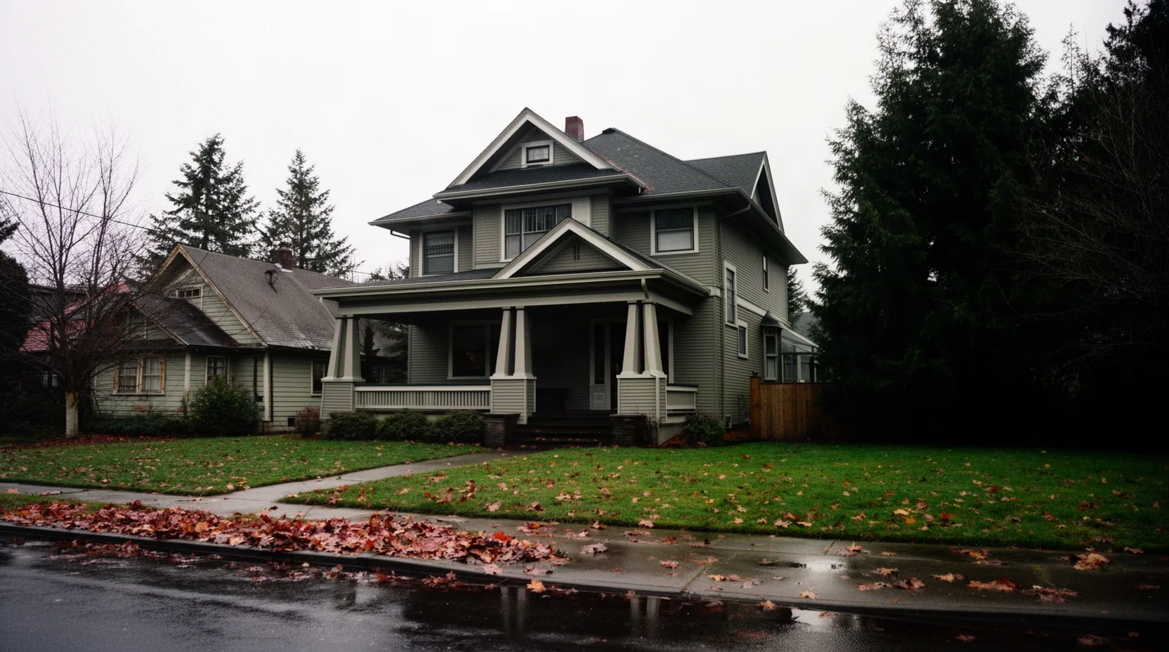 A Portland foursquare house with a covered porch on a wet November street